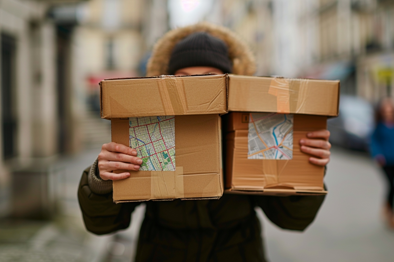 Carte consulaire et boîtes de déménagement marquées Aubervilliers pour une installation sans souci