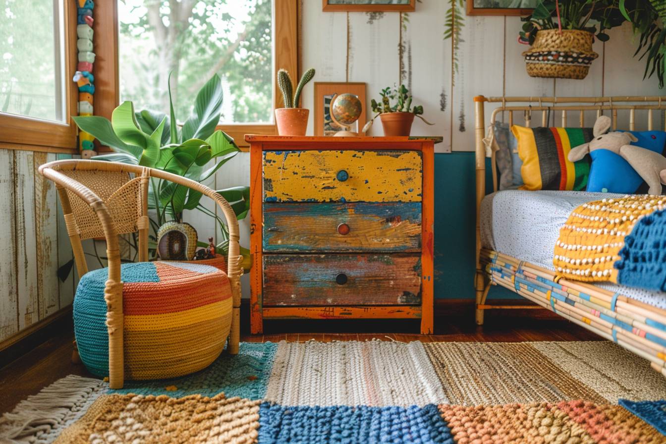 Enfant heureux dans une chambre décorée avec des matériaux recyclés, montrant l'art du recyclage pour embellir l'espace de manière créative.