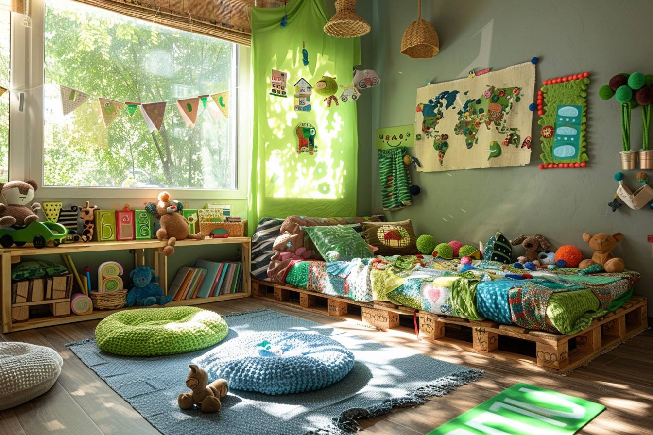 Chambre d'enfant écologique décorée avec des matériaux recyclés, mêlant amusement et responsabilité environnementale.